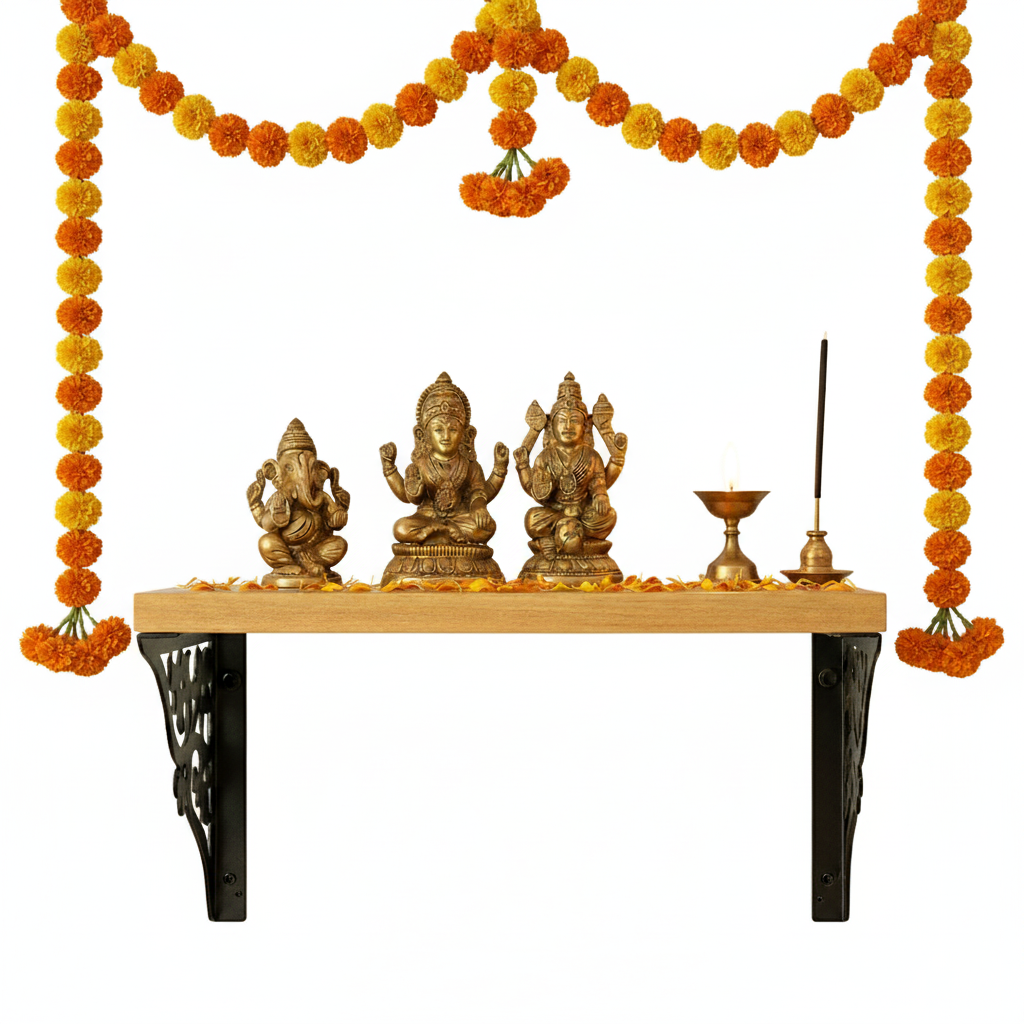 Wooden Pooja Shelf - Triple Floral (Lakdi Puja Shelf Teen Phool)