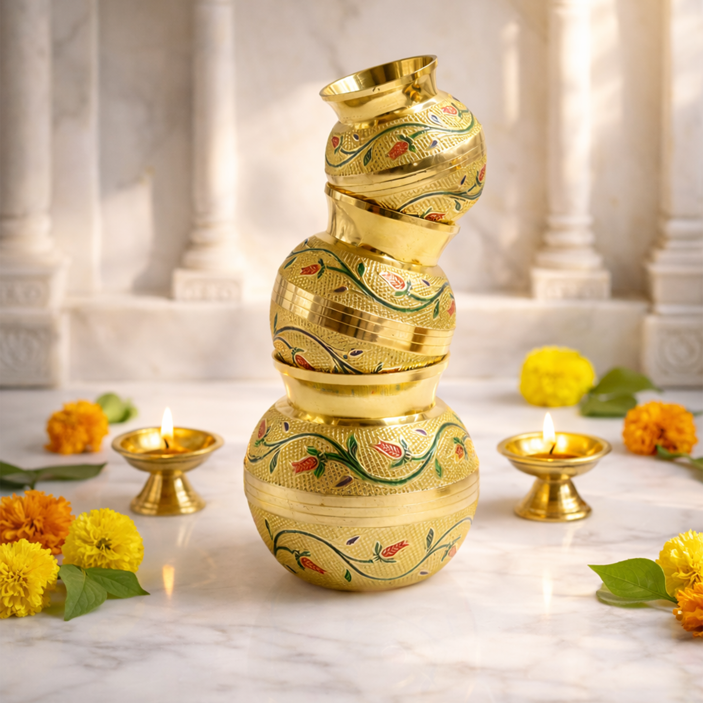 Putrika brass Kudam set of 3-Embossed Kalash (Green)