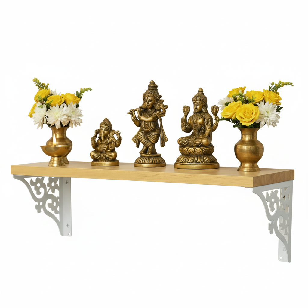 Wooden Pooja Shelf - Triple Floral (Lakdi Puja Shelf Teen Phool)