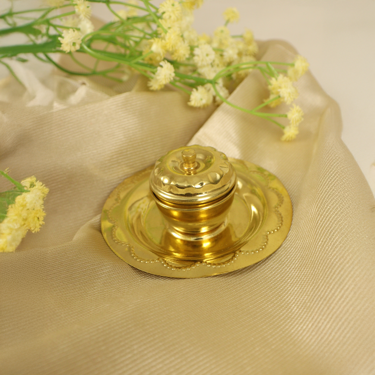 Brass Apple Kumkum Holder with Plate