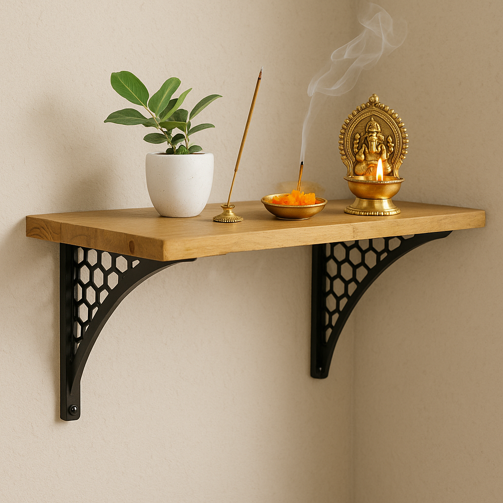 Wooden Pooja Shelf- Hexagon Black (Lakdi Puja Shelf Kala)