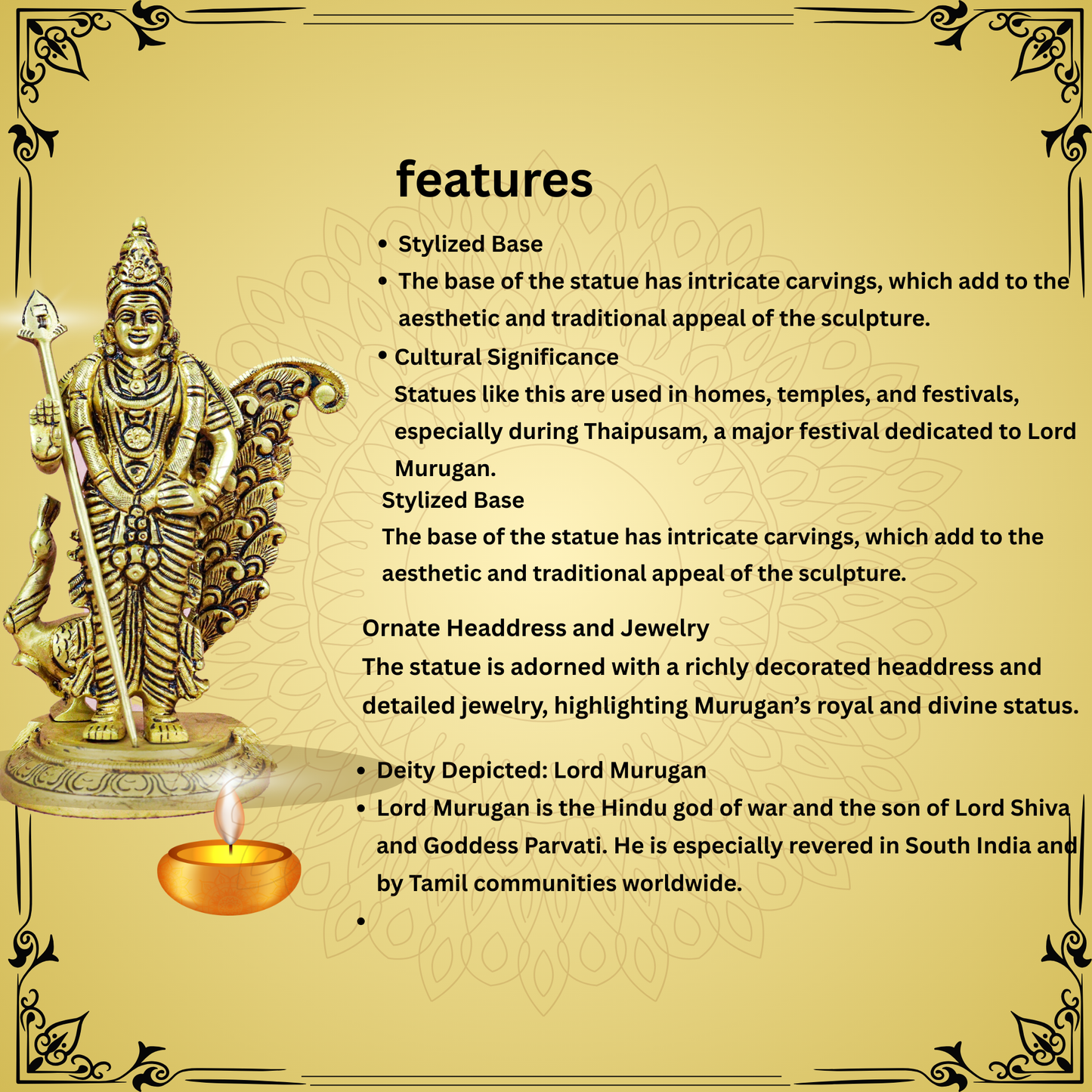 Brass Statue Murugar Peacock with Vel (1.222g) (Pital Kartikeya Mor Murti)