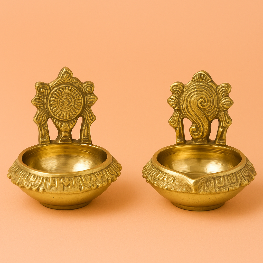 Brass Shanku Chakra Kuber Diya Set (Pital Conch Chakra Dhanpati Set)