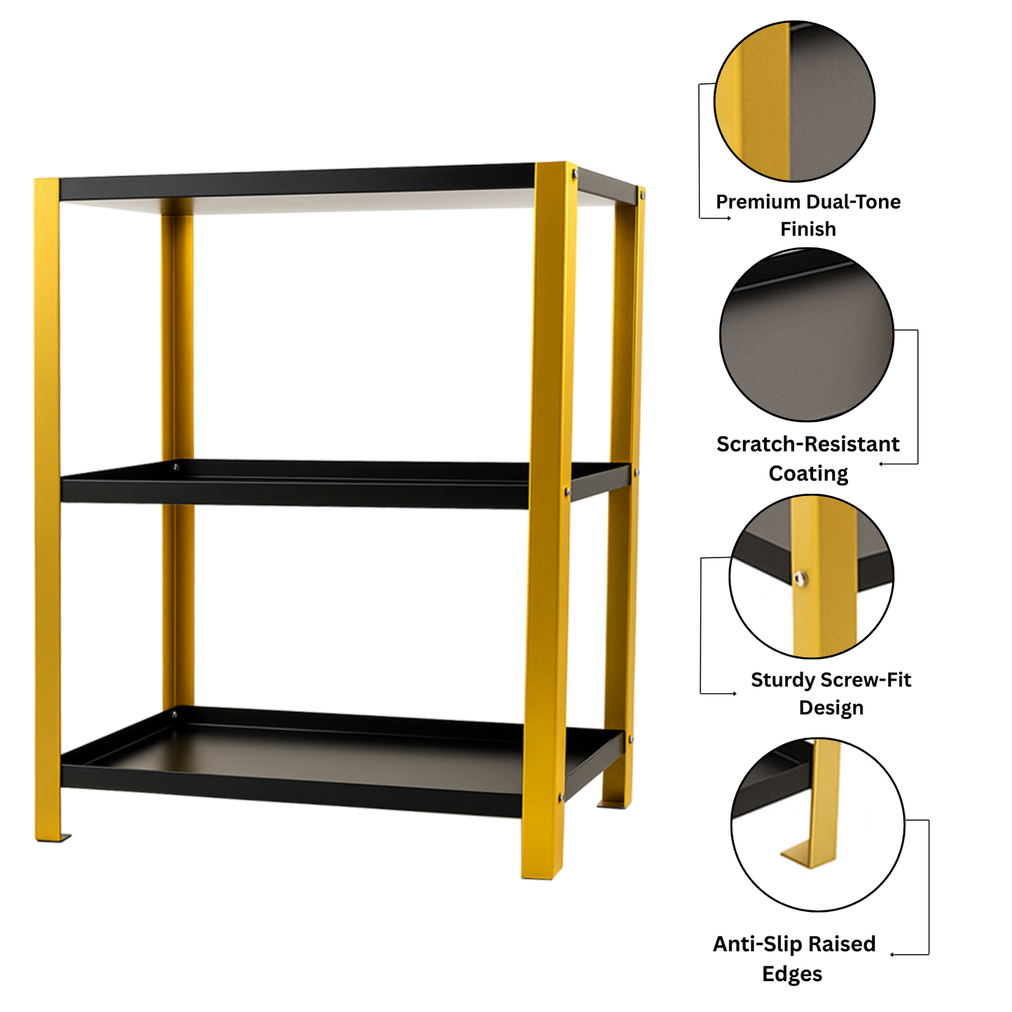 Djuize Pooja Shelf for Home Temple|Elegant Pooja Rack Design with Golden Stem& Black Shelves|Small Puja Shelf|Pooja Stand Design|Pooja Shelf in Living Room|Puja Room Shelves| Pooja Almirah Design-Metal 3 tier Rack shelf Gold stem with black tray
