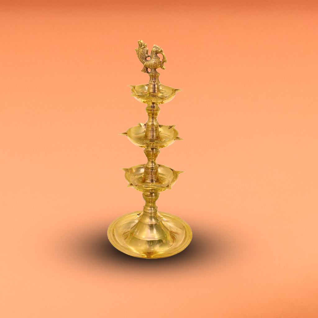 Brass Triple Step Peacock Diya (Pital Teen Sidhi Mor Deepak)