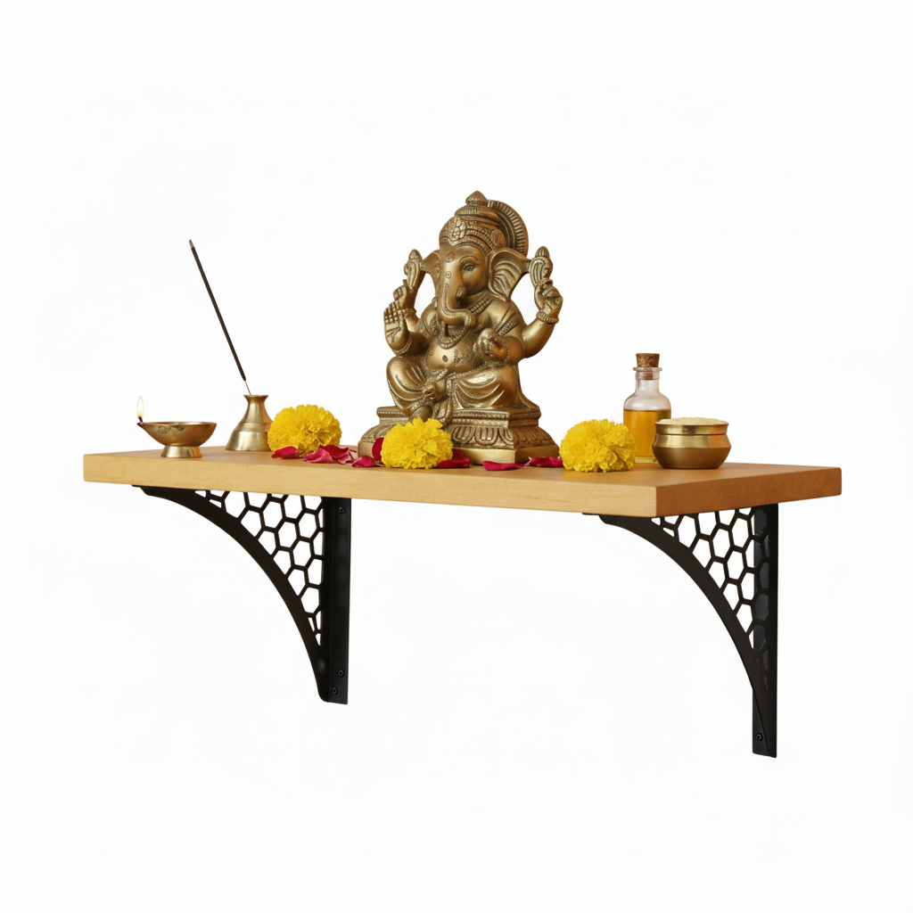 Wooden Pooja Shelf- Hexagon Black (Lakdi Puja Shelf Kala)