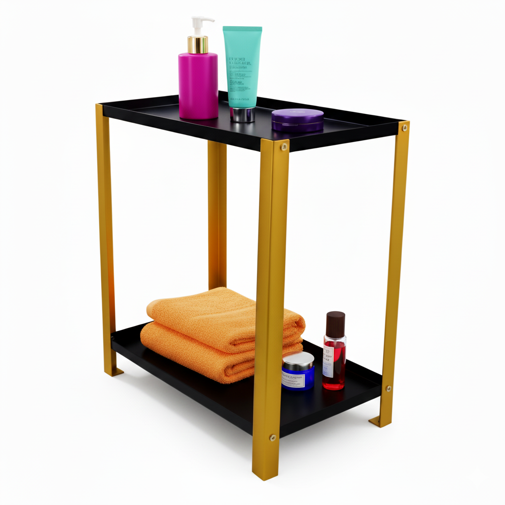 Djuize Pooja Shelf for Home Temple|Elegant Pooja Rack Design with Golden Stem& Black Shelves|Small Puja Shelf|Pooja Stand Design|Pooja Shelf in Living Room|Puja Room Shelves| Pooja Almirah Design-Metal 2 tier Rack shelf Gold stem with black