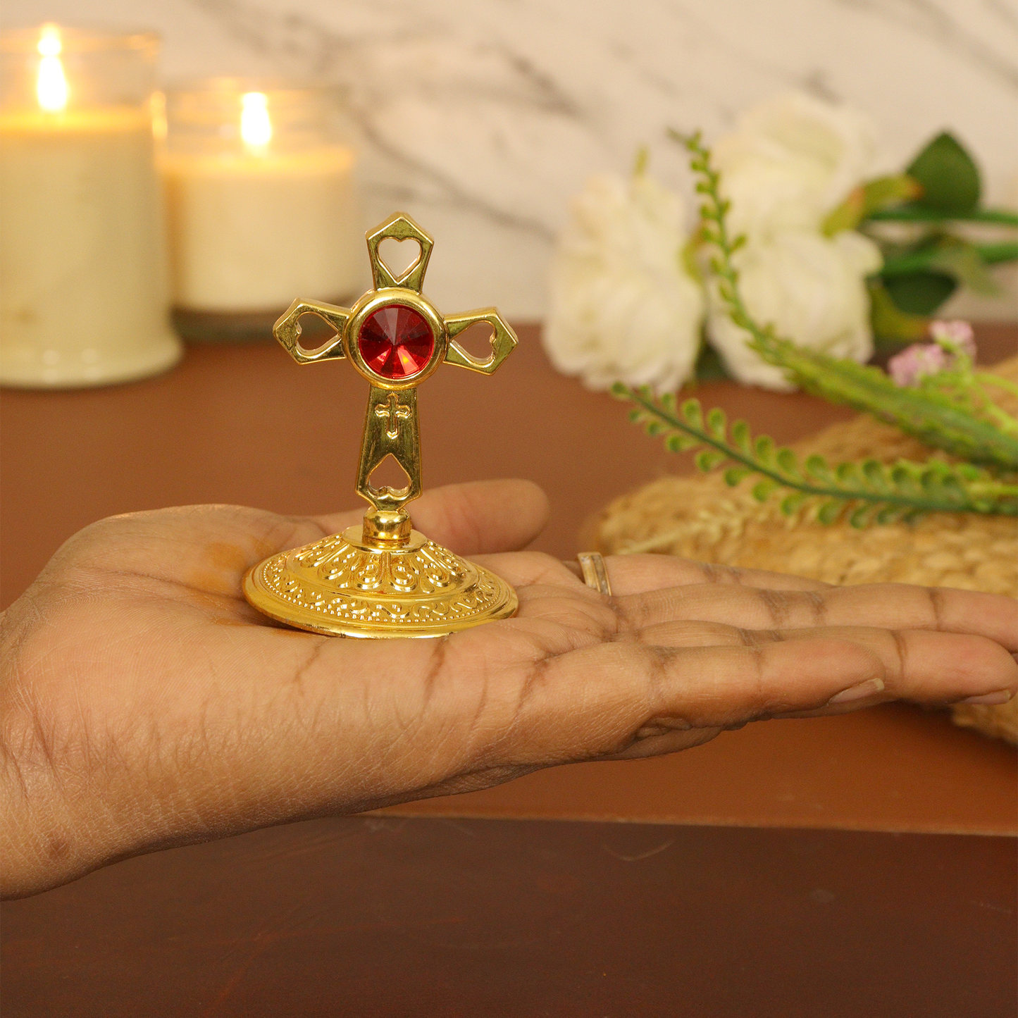 Car Dashboard Cross with Stone (Car Dashboard Cross Patthar)