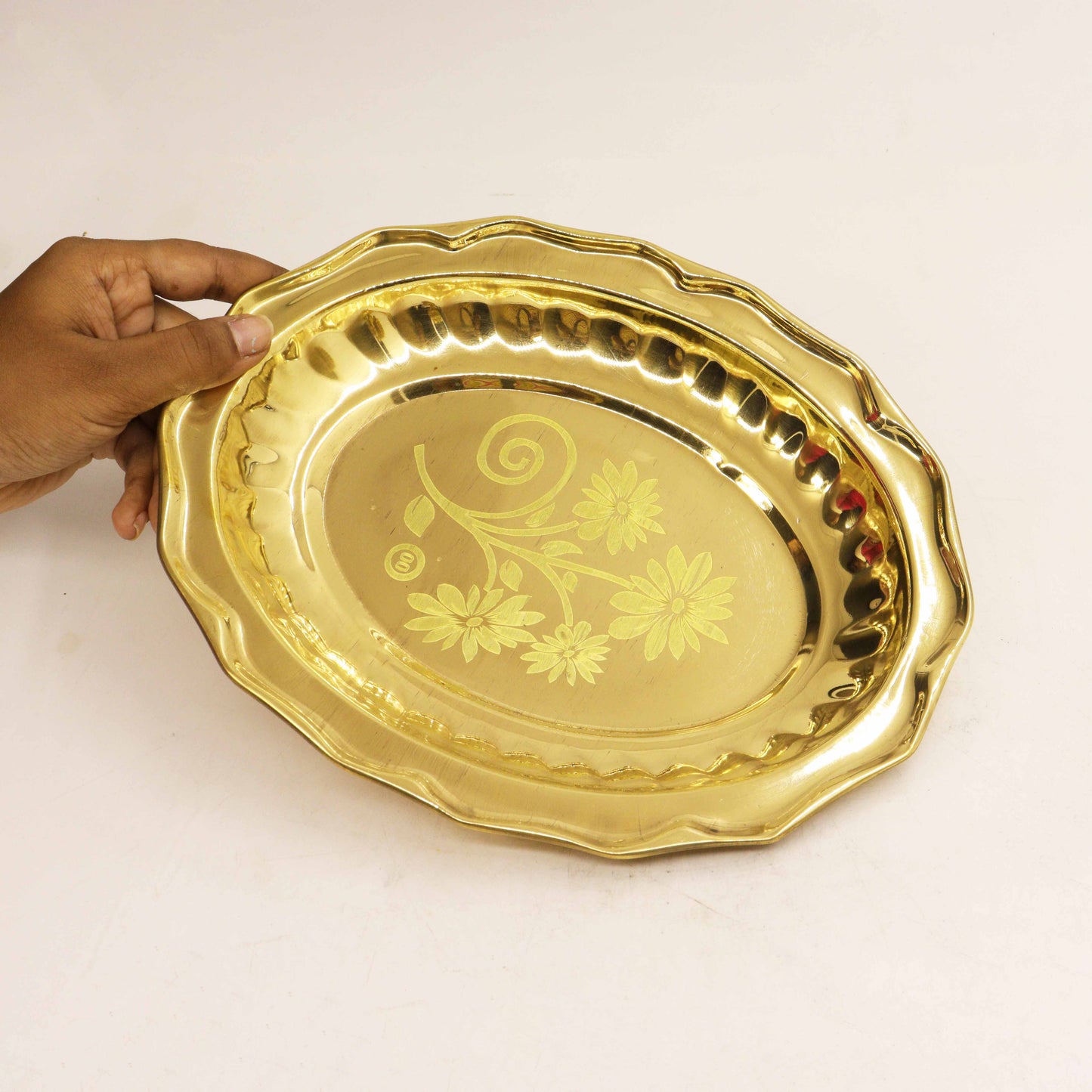 Brass Vijay Oval Tree Plate (Laser Thambalam Plate) (Pital Jeet Vriksh Thali)