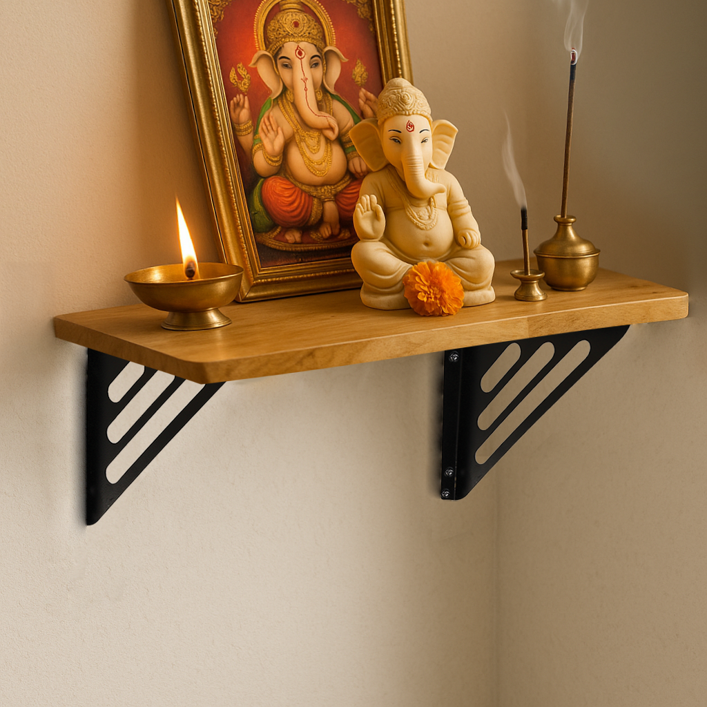 Wooden Pooja Shelf - Lines Brackets Black (Lakdi Puja Shelf Kala)