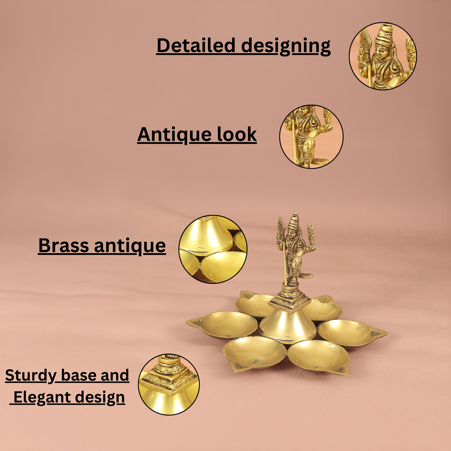 Brass Antique 6 Diya with Murugar