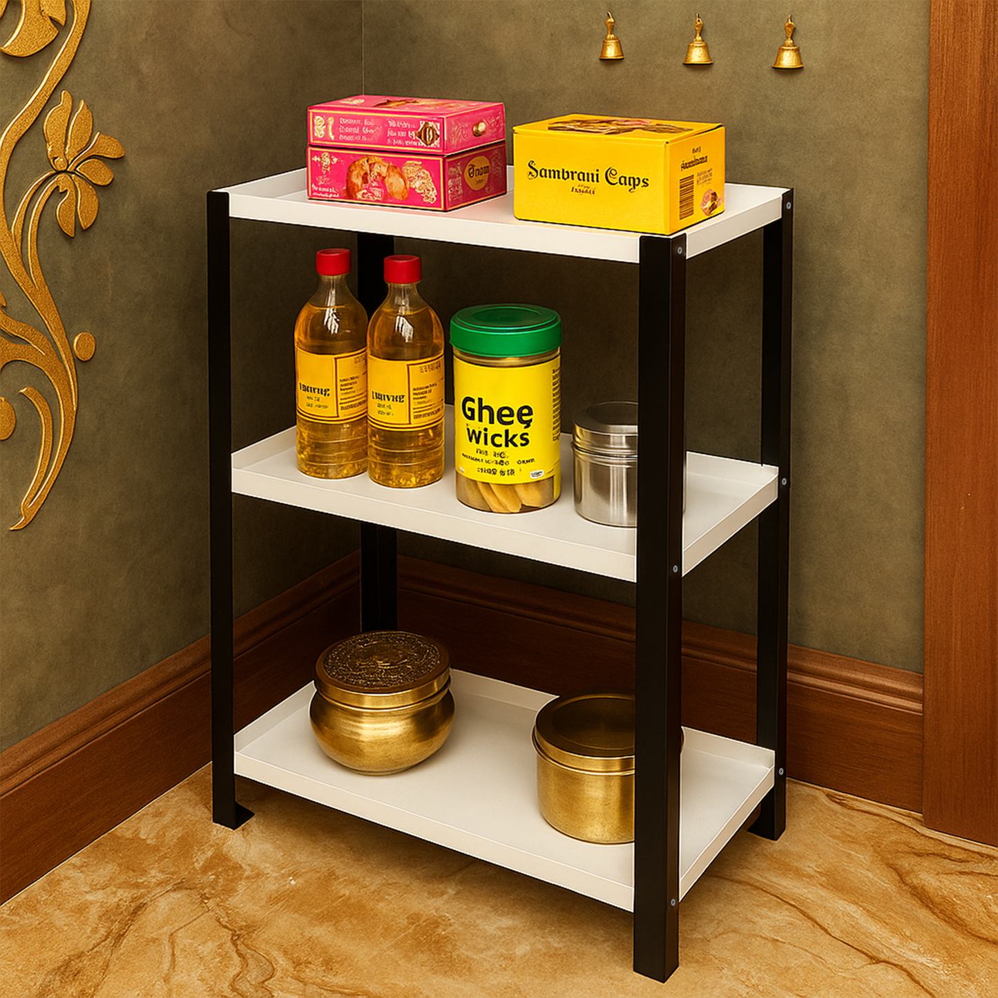 Pooja Shelf for Home Temple-Metal 3 tier Rack