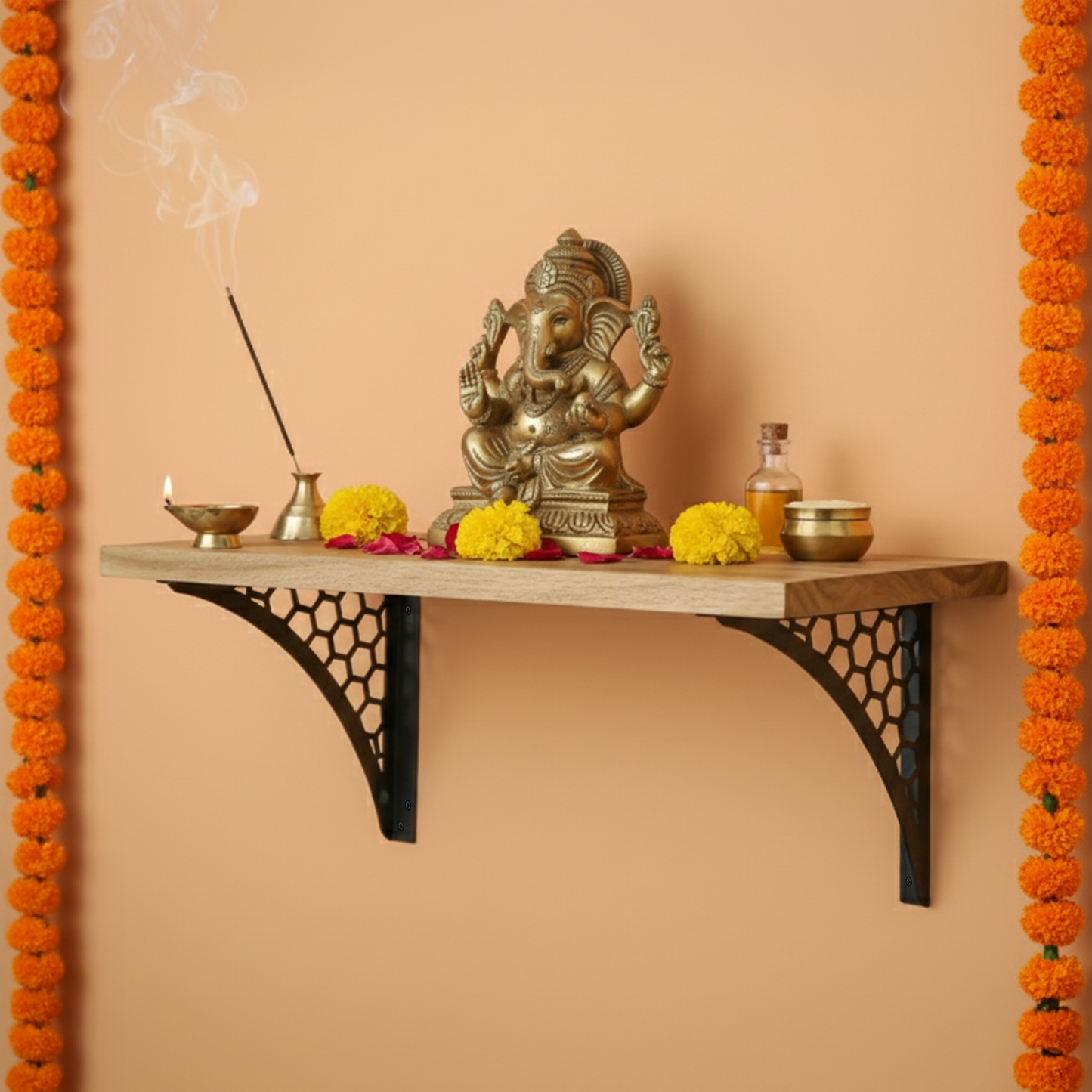 Wooden Pooja Shelf- Hexagon Black (Lakdi Puja Shelf Kala)