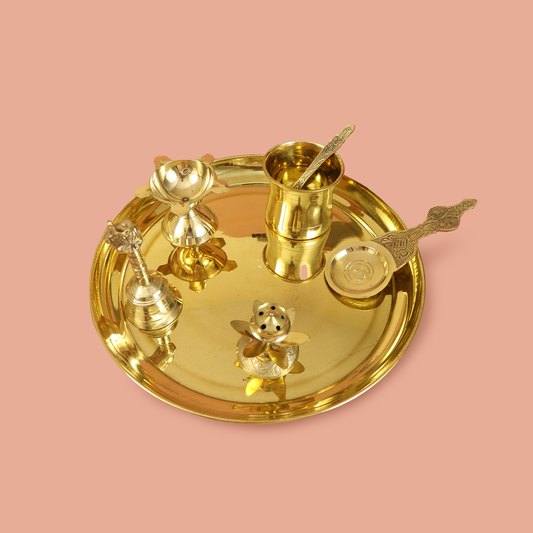 सादा पीतल प्लेट पूजा सेट