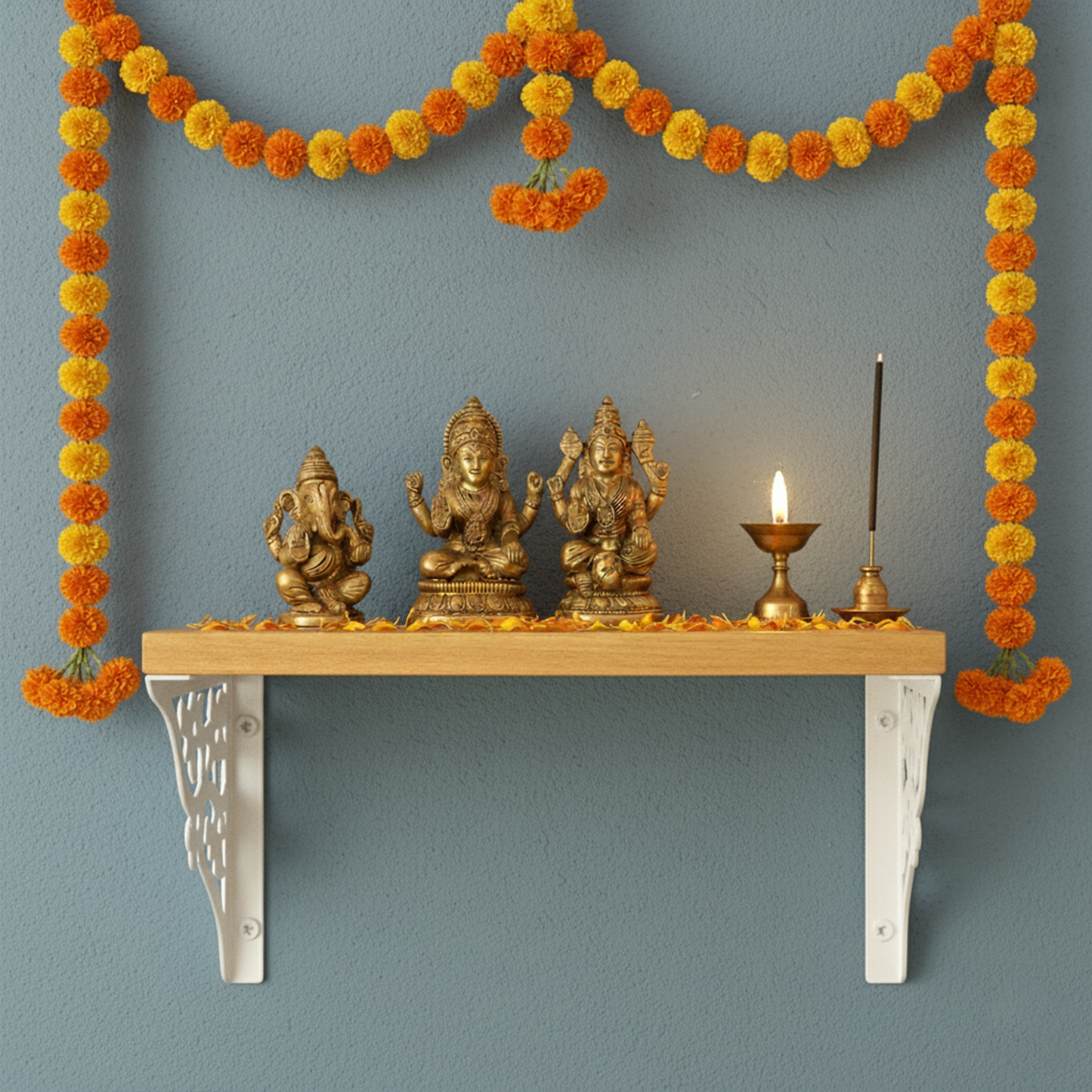 Wooden Pooja Shelf - Triple Floral (Lakdi Puja Shelf Teen Phool)