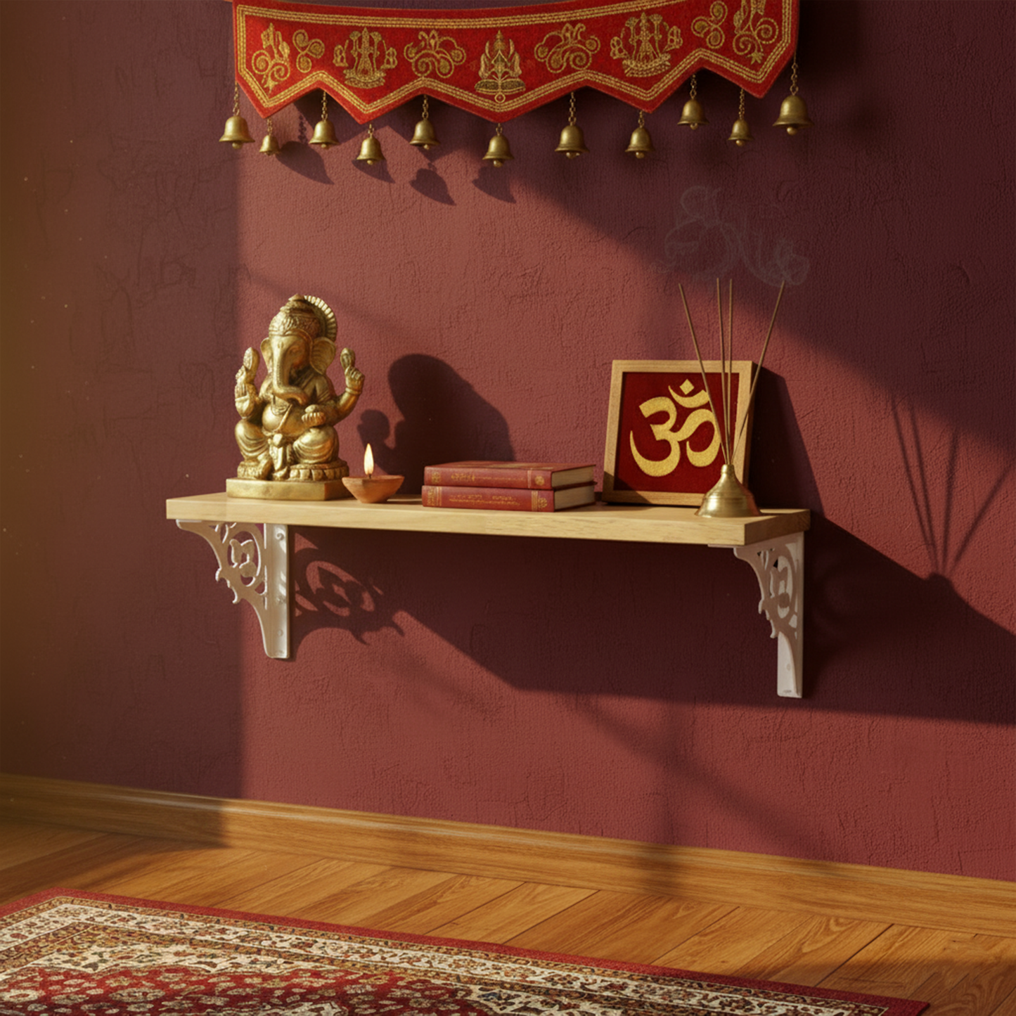 Wooden Pooja Shelf - Single Floral (Lakdi Puja Shelf Phool Design)