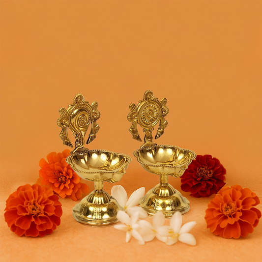 Brass Shanku Chakra Star Diya Set (Pital Conch Chakra Nakshatra Set)