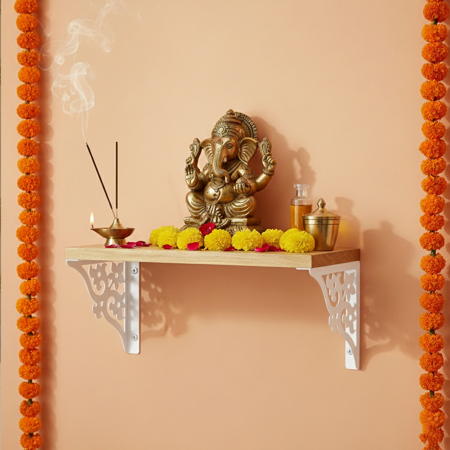 Wooden Pooja Shelf - Triple Floral (Lakdi Puja Shelf Teen Phool)