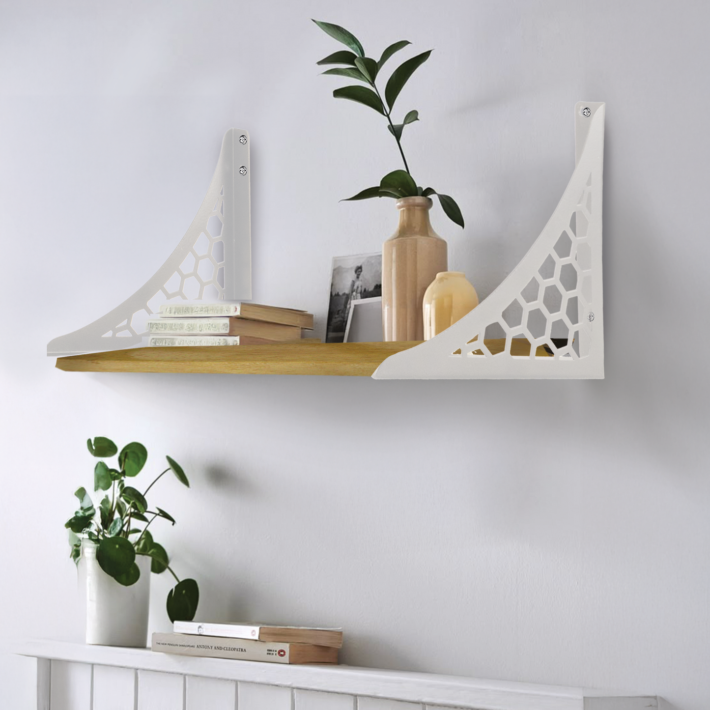 Wooden Pooja Shelf-Hexagon White (Lakdi Puja Shelf Safed)