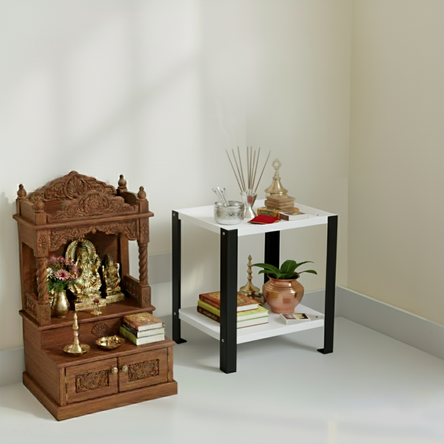Djuize Pooja Shelf for Home Temple|Elegant Pooja Rack Design with Black Stem & white Shelves|Small Puja Shelf|Pooja Stand Design|Pooja Shelf in Living Room|Puja Room Shelves| Pooja Almirah Design-Metal 2 tier Rack shelf Black stem with white tray