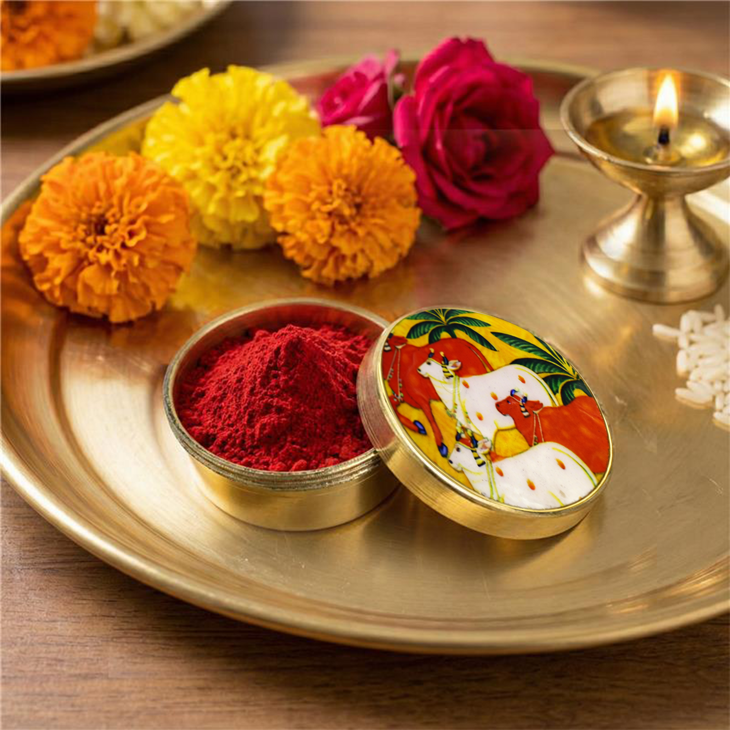 Brass Box Pooja-Gomatha Design Lid (36g, 4.7x2 cm) (Large 36g)