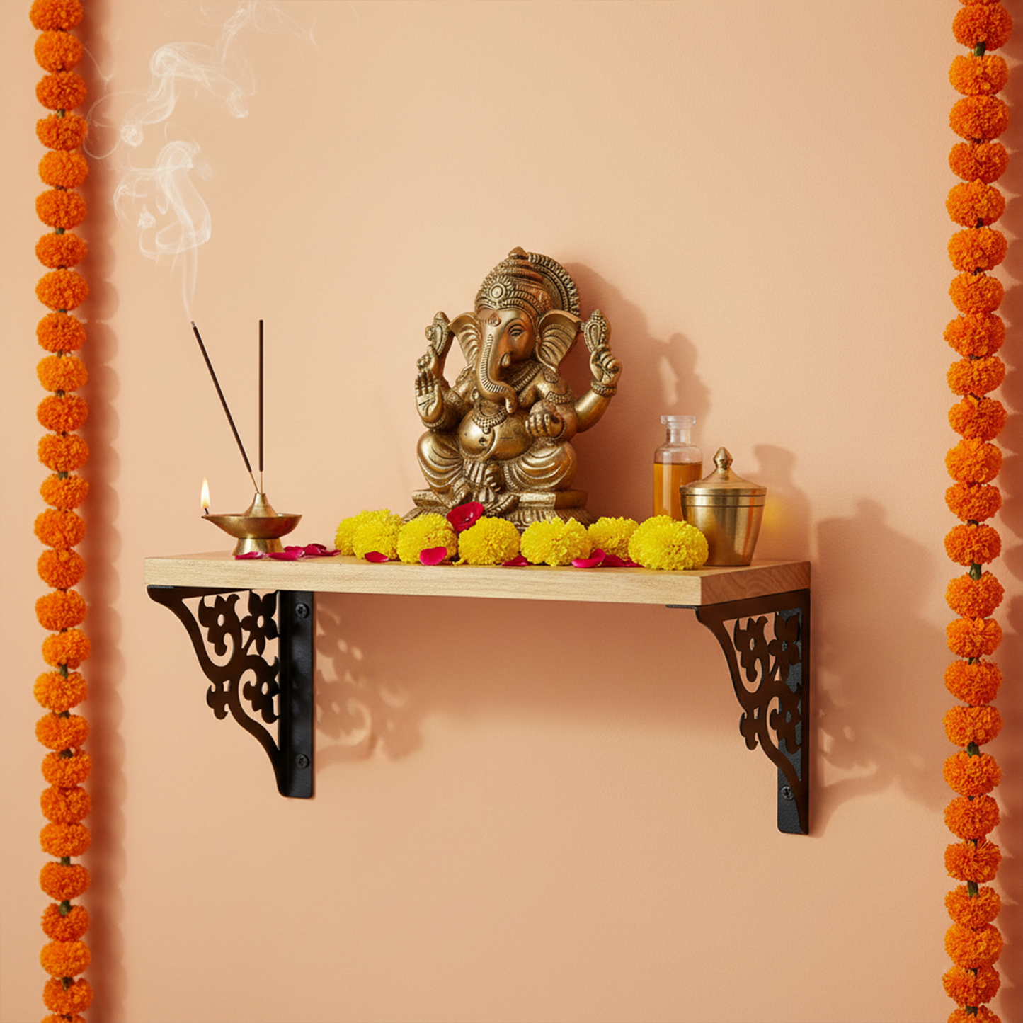 Wooden Pooja Shelf - Triple Floral (Lakdi Puja Shelf Teen Phool)