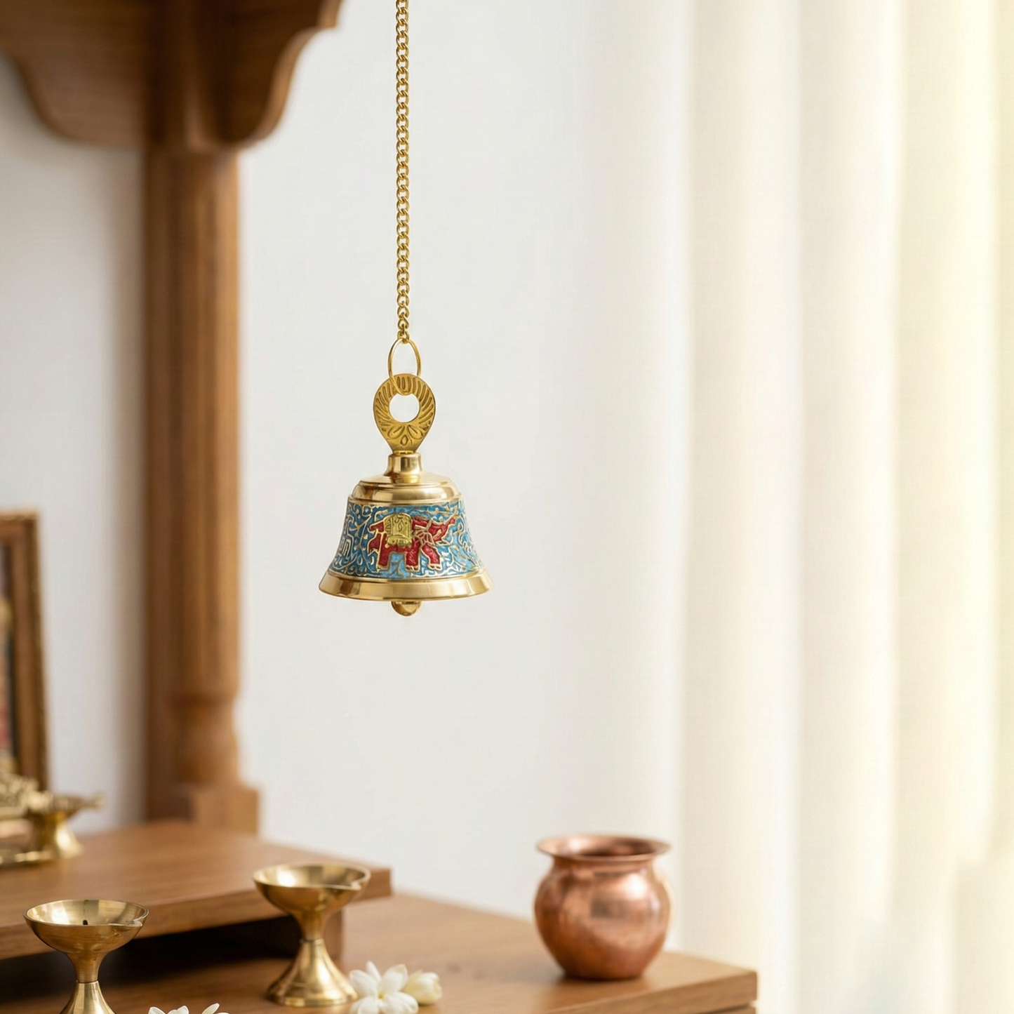 Putrika Brass Hanging Pooja Bell with Chain (Blue)