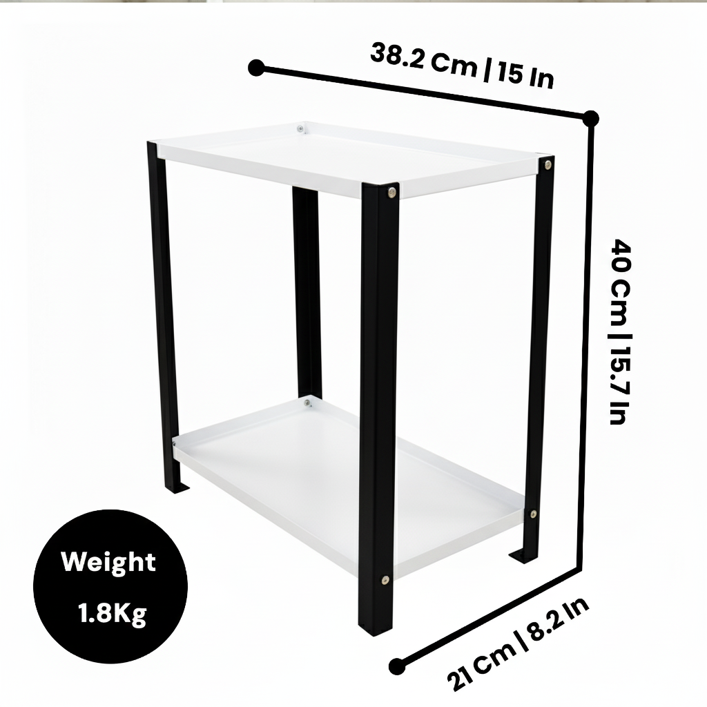Djuize Pooja Shelf for Home Temple|Elegant Pooja Rack Design with Black Stem & white Shelves|Small Puja Shelf|Pooja Stand Design|Pooja Shelf in Living Room|Puja Room Shelves| Pooja Almirah Design-Metal 2 tier Rack shelf Black stem with white tray