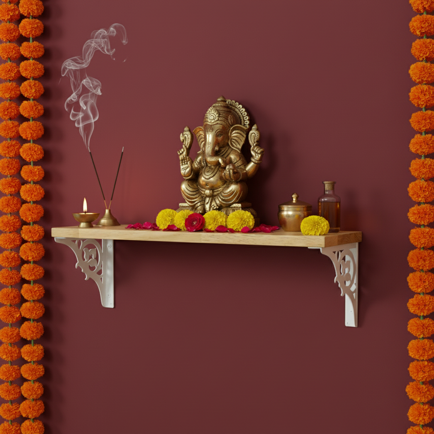 Wooden Pooja Shelf - Single Floral (Lakdi Puja Shelf Phool Design)