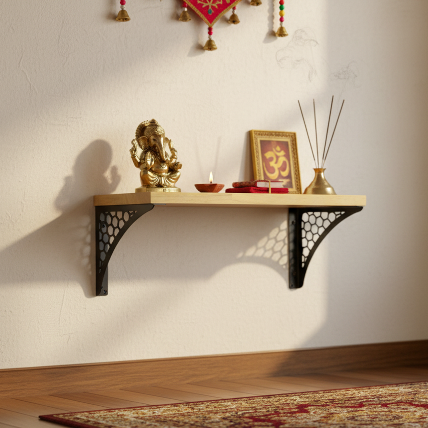 Wooden Pooja Shelf- Hexagon Black (Lakdi Puja Shelf Kala)