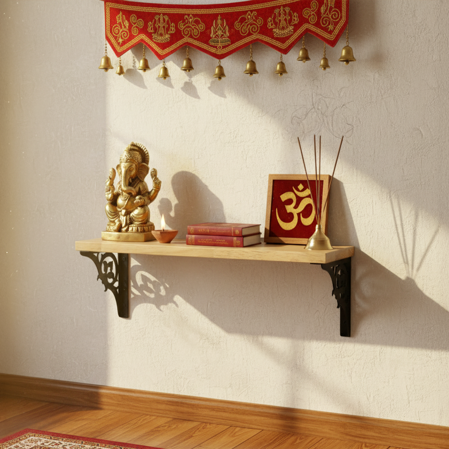 Wooden Pooja Shelf - Single Floral (Lakdi Puja Shelf Phool Design)
