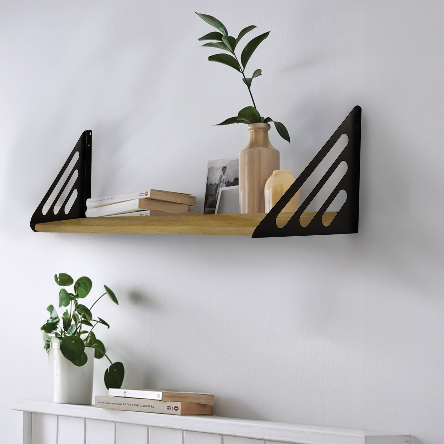 Wooden Pooja Shelf - Lines Brackets Black (Lakdi Puja Shelf Kala)