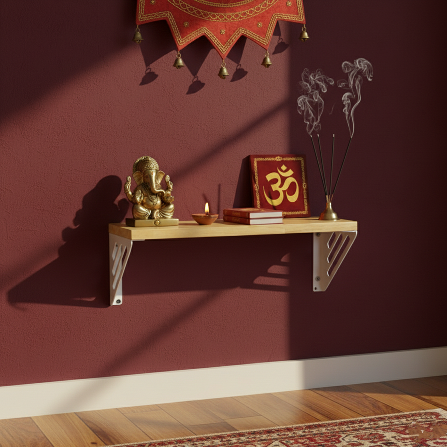 Wooden Pooja Shelf-Lines Brackets White (Lakdi Puja Shelf Safed)