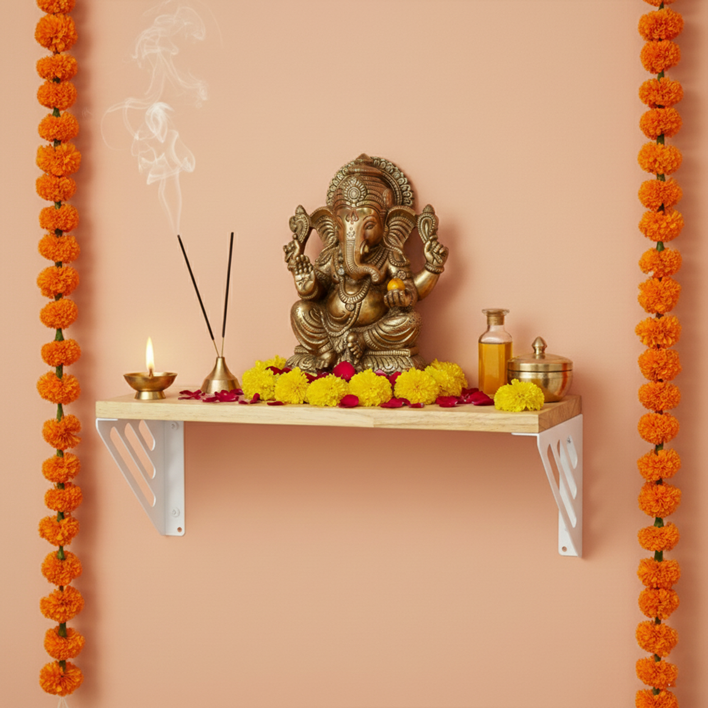 Wooden Pooja Shelf-Lines Brackets White (Lakdi Puja Shelf Safed)