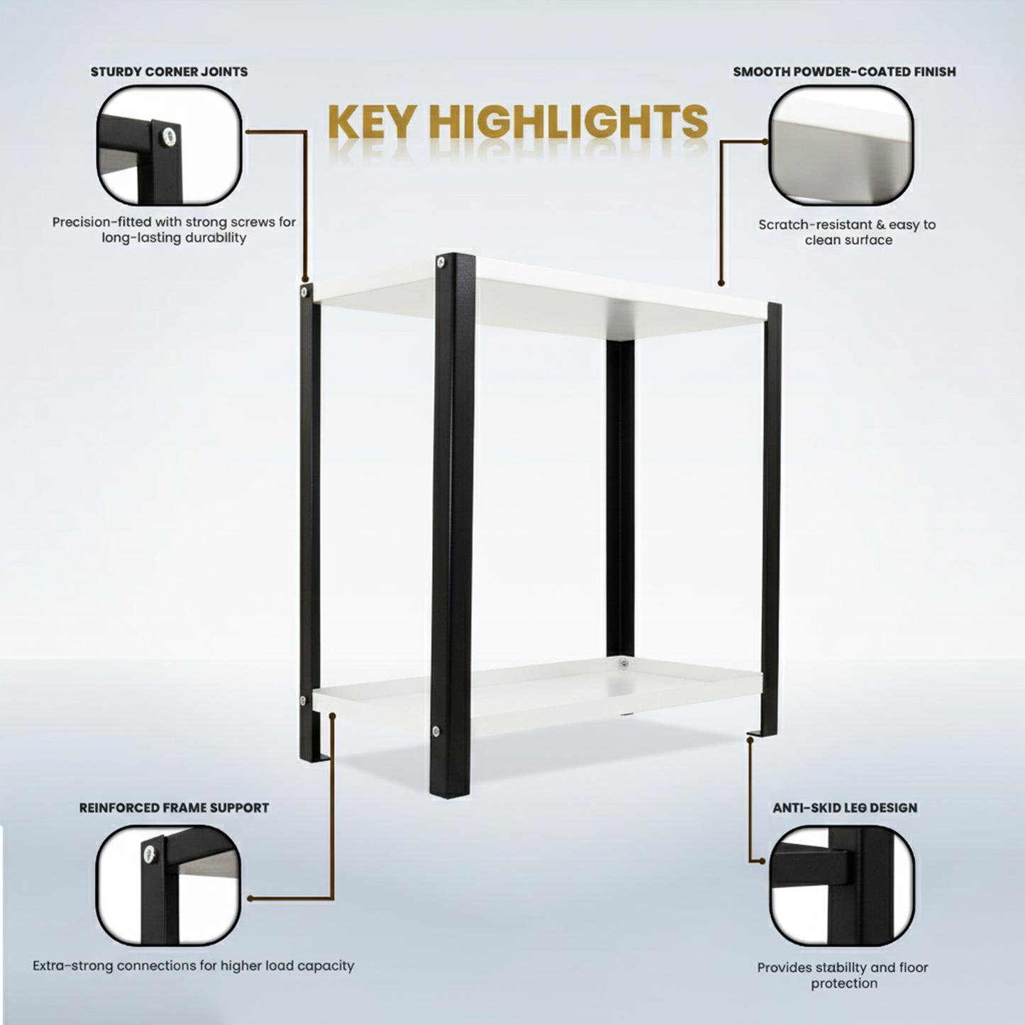 Djuize Pooja Shelf for Home Temple|Elegant Pooja Rack Design with Black Stem & white Shelves|Small Puja Shelf|Pooja Stand Design|Pooja Shelf in Living Room|Puja Room Shelves| Pooja Almirah Design-Metal 2 tier Rack shelf Black stem with white tray
