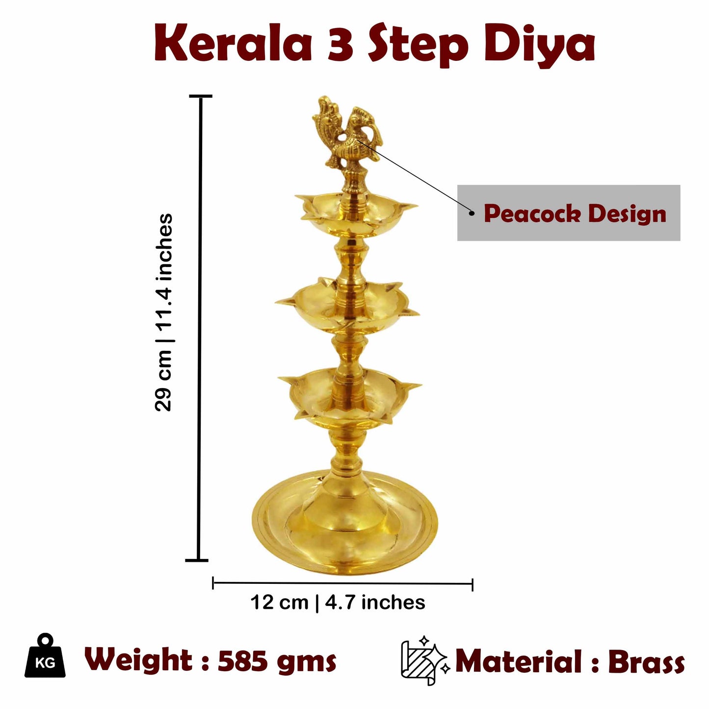 Brass Triple Step Peacock Diya (Pital Teen Sidhi Mor Deepak)