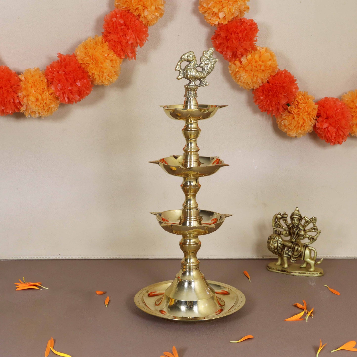 Brass Triple Step Peacock Diya (Pital Teen Sidhi Mor Deepak)