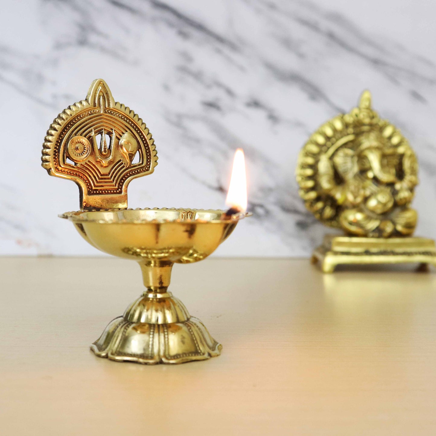 Brass Shangu Chakra Deepam With Stand (Pital Conch Chakra Deepak Stand)