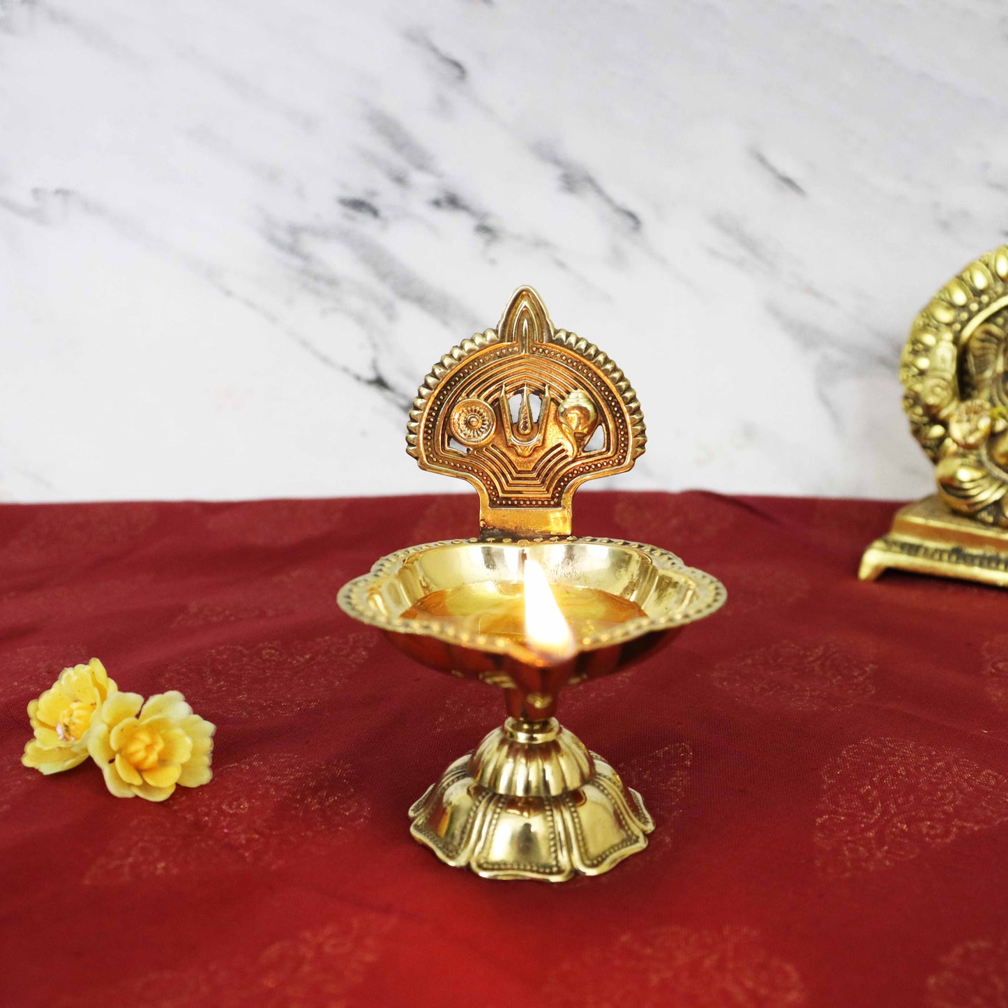 Brass Shangu Chakra Deepam With Stand (Pital Conch Chakra Deepak Stand)