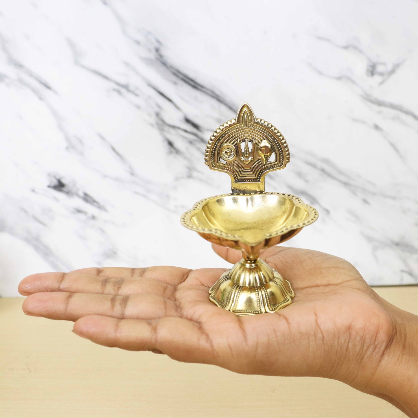 Brass Shangu Chakra Deepam With Stand (Pital Conch Chakra Deepak Stand)