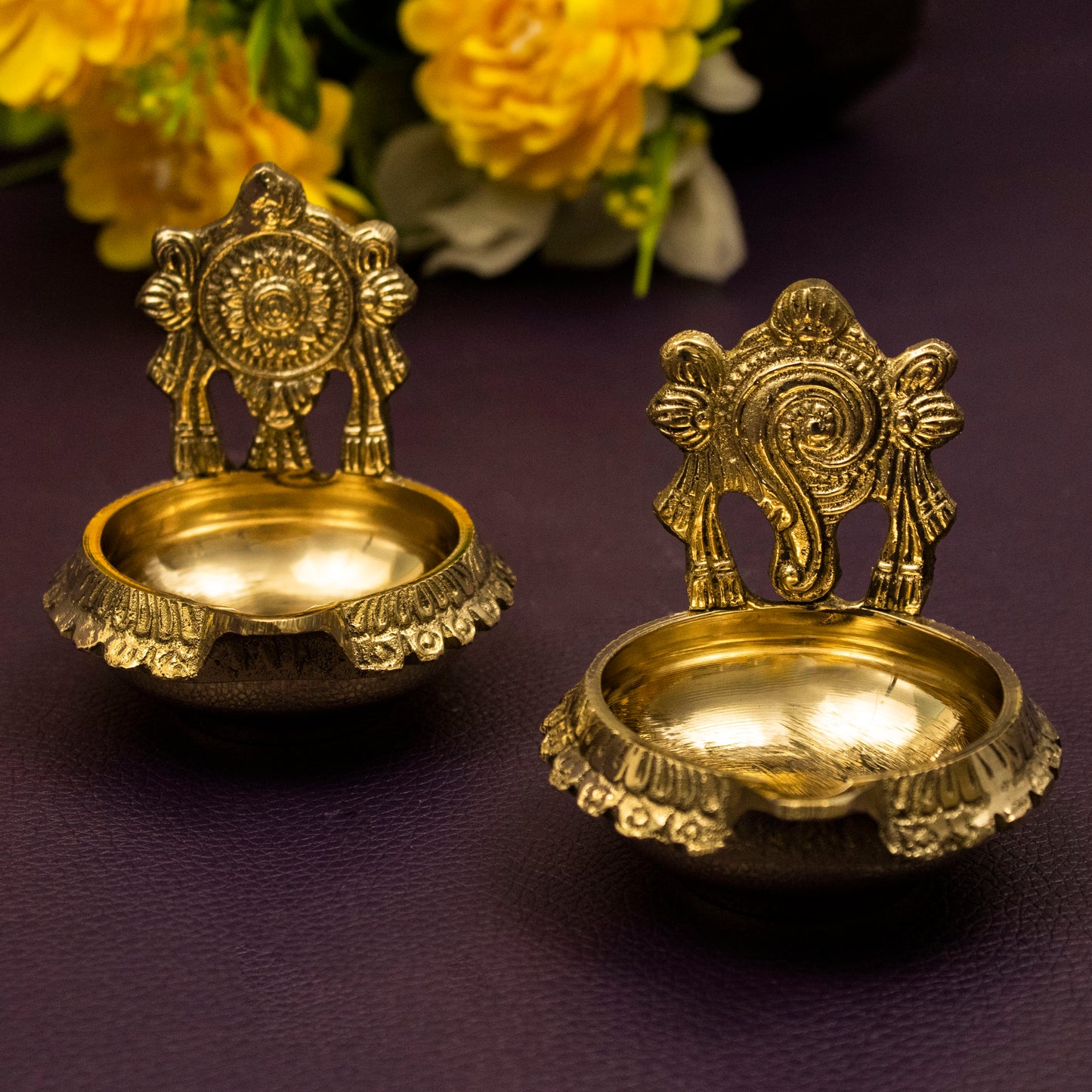 Brass Shanku Chakra Kuber Diya Set (Pital Conch Chakra Dhanpati Set)