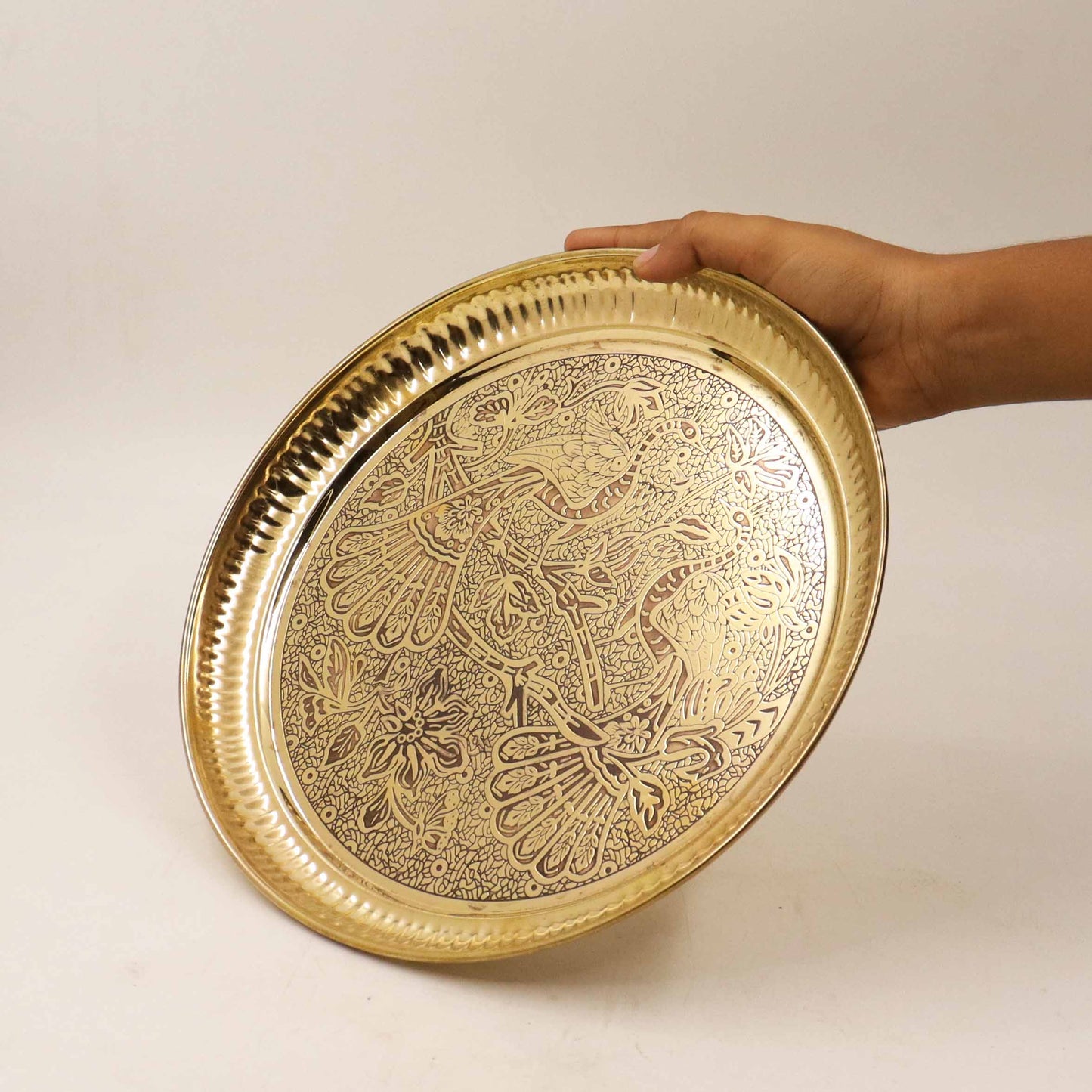 Brass Peacock Itching Thali Size-10 (Pital Mor Nakashi Thali)