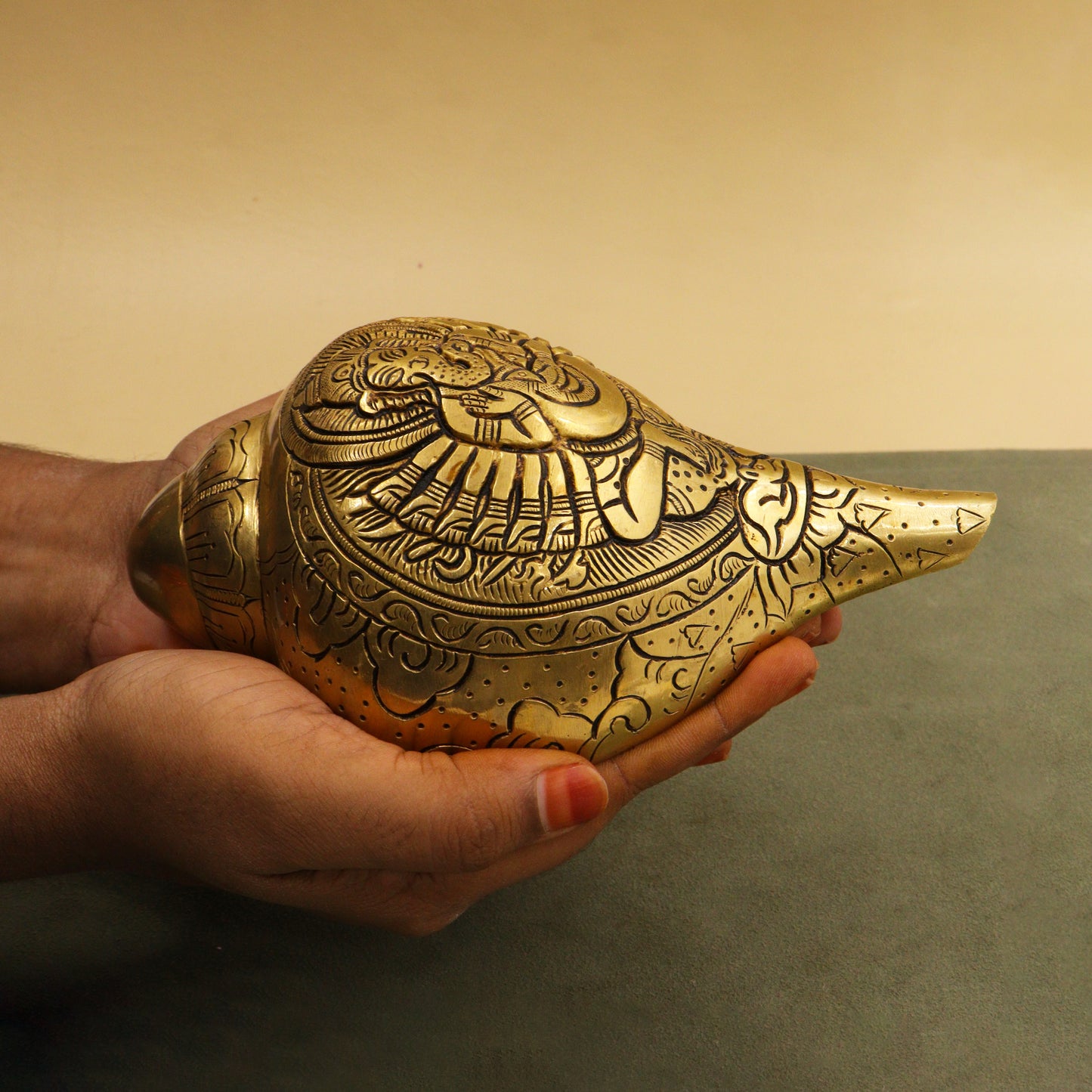 Brass Blowing Shank with Lord Ganesh Carving