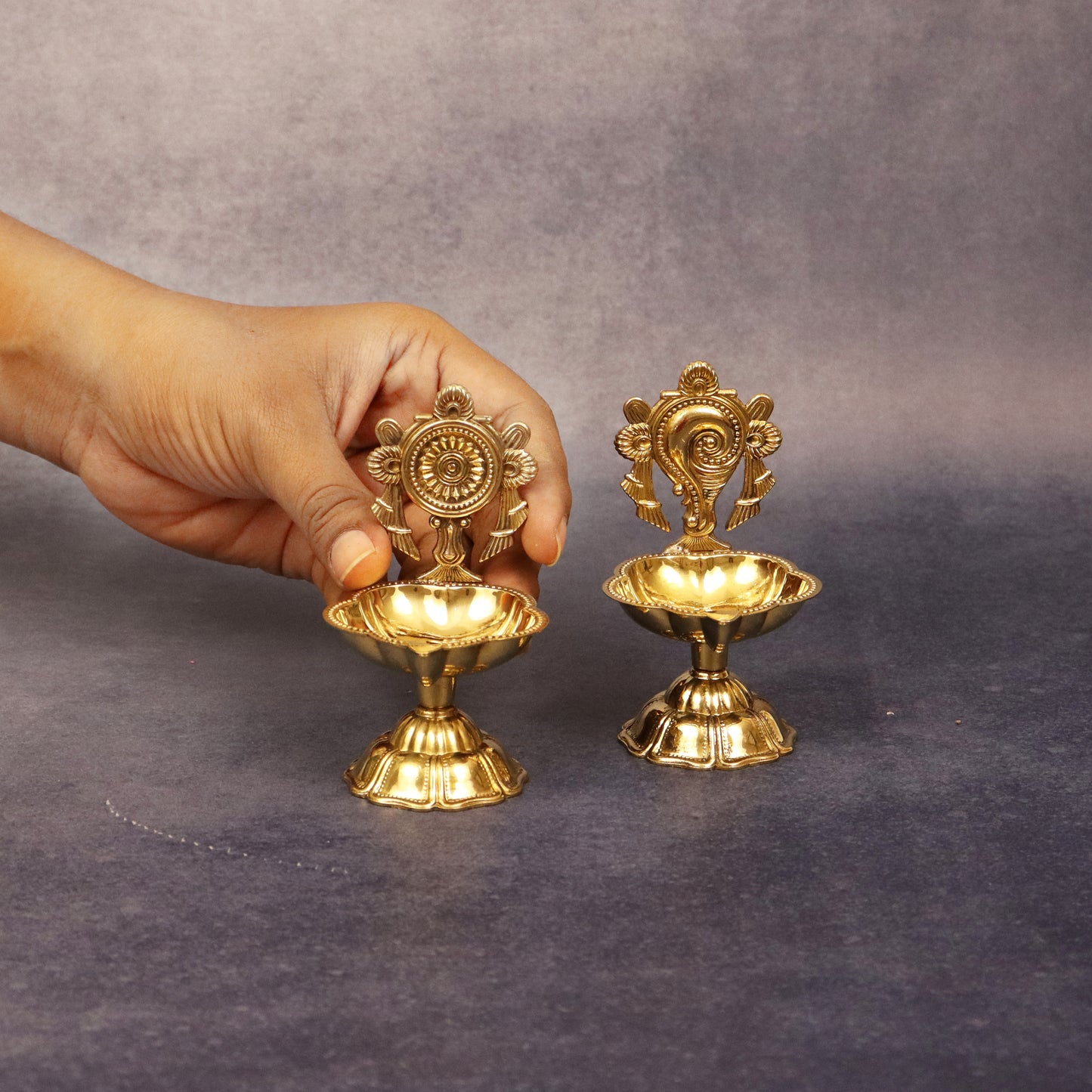 Brass Shanku Chakra Star Diya Set (Pital Conch Chakra Nakshatra Set)