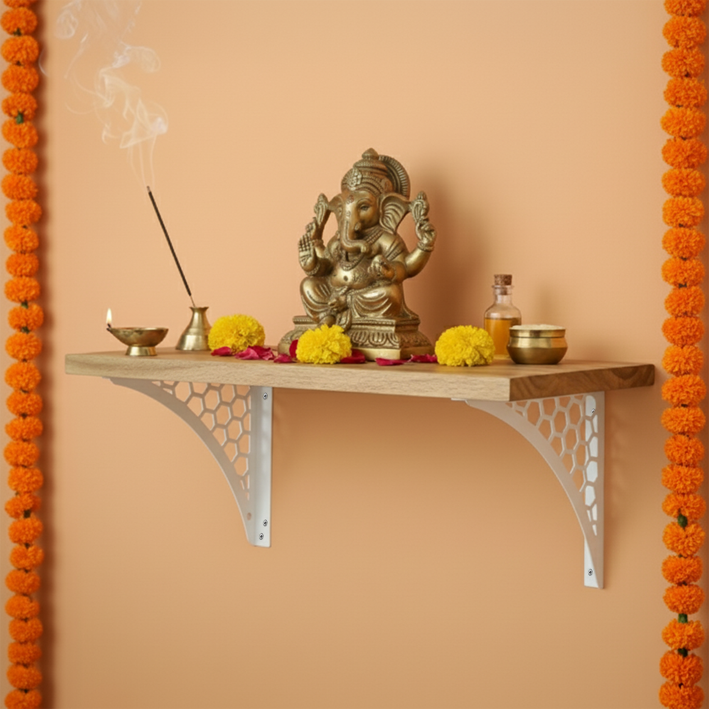 Wooden Pooja Shelf-Hexagon White (Lakdi Puja Shelf Safed)