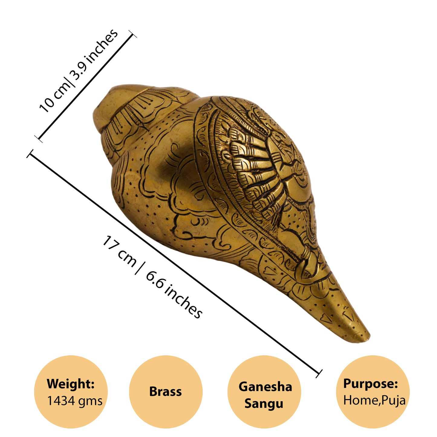 Brass Blowing Shank with Lord Ganesh Carving