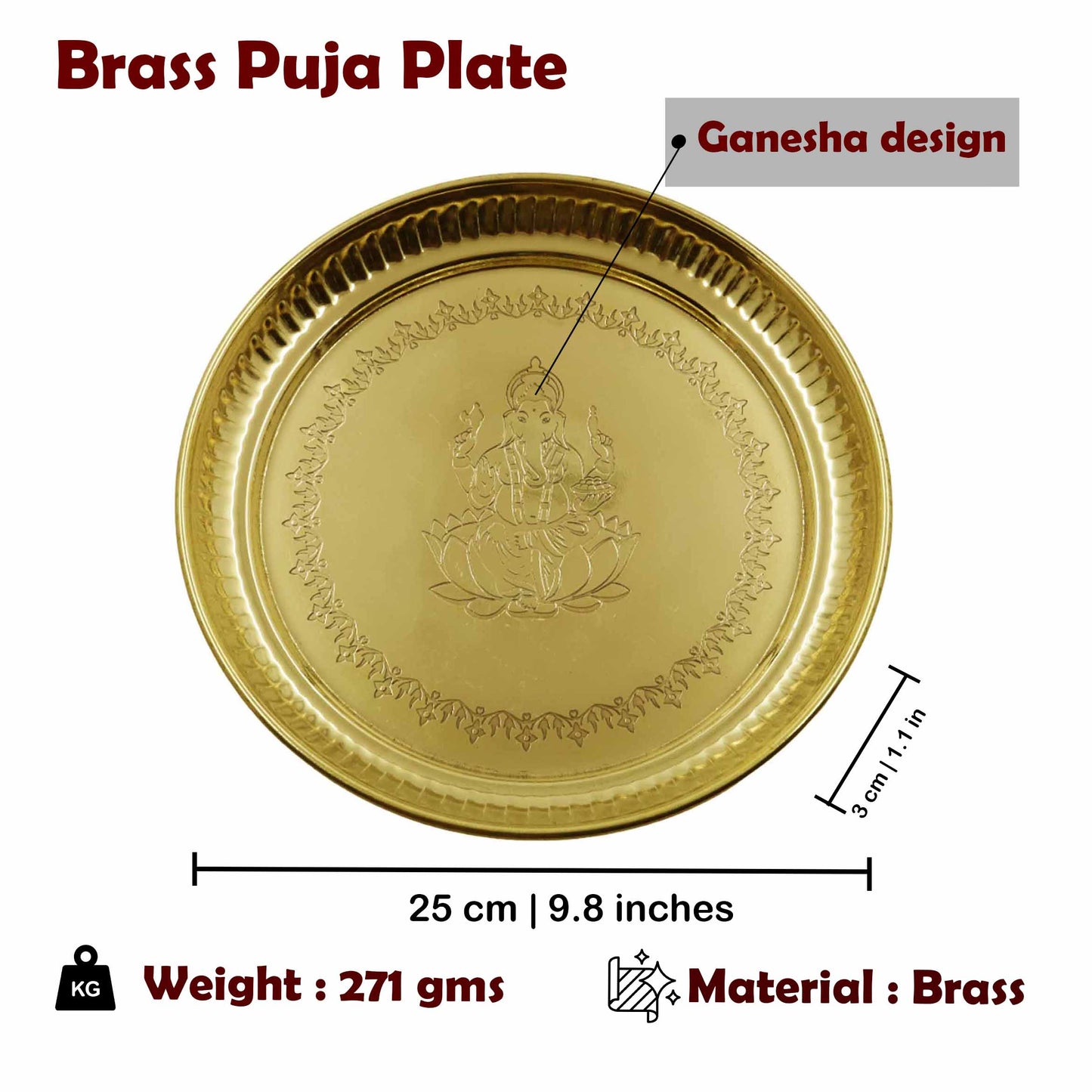 Brass Ganesha Itching Thali Size-11 (Pital Vinayak Puja Thali / Ganapati Plate)