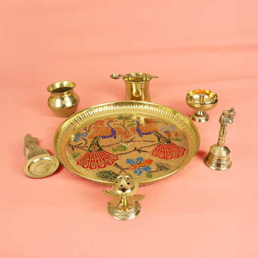 पीतल का 8 पीस मोर पूजा थाली सेट