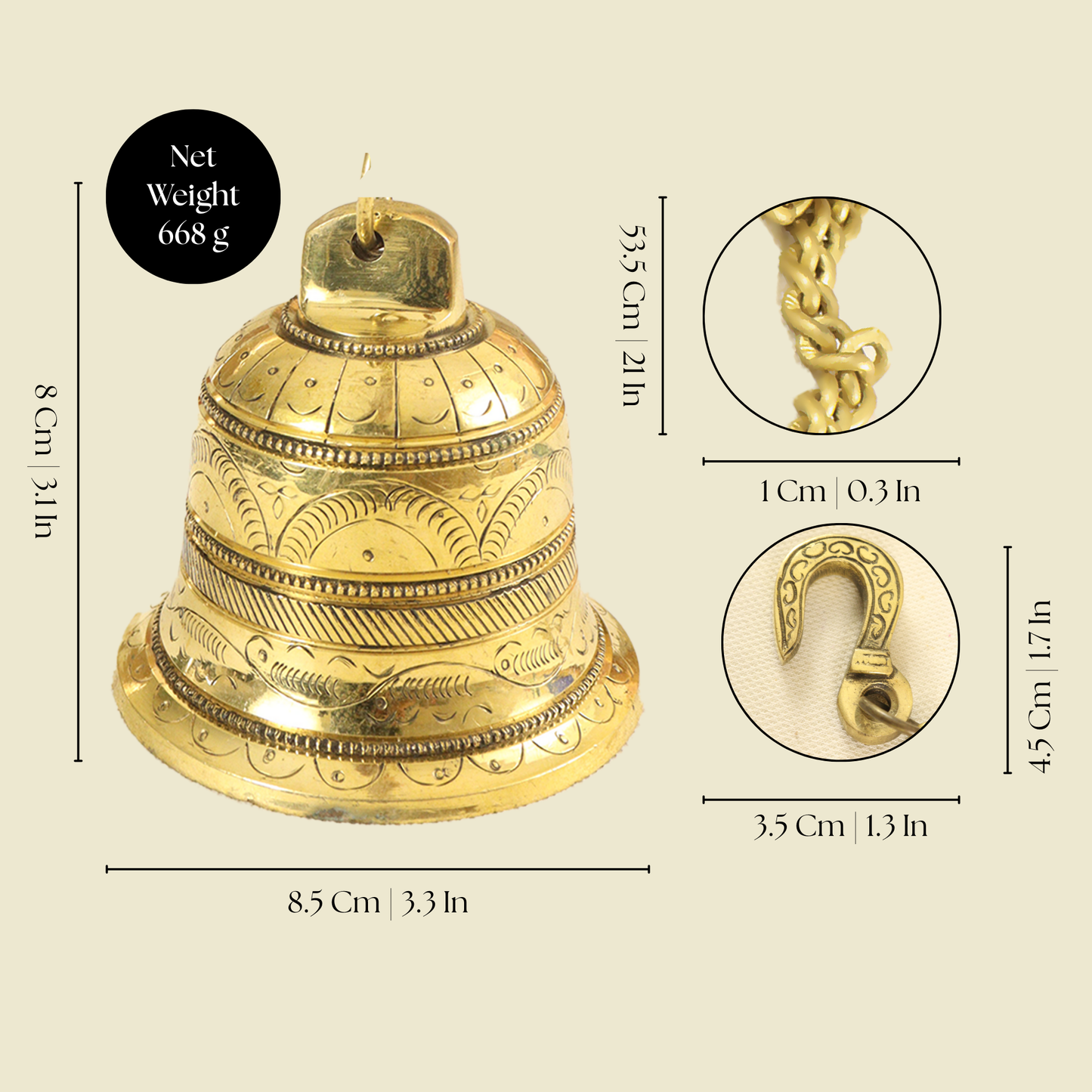 Brass Temple Bell with Hook & Chain