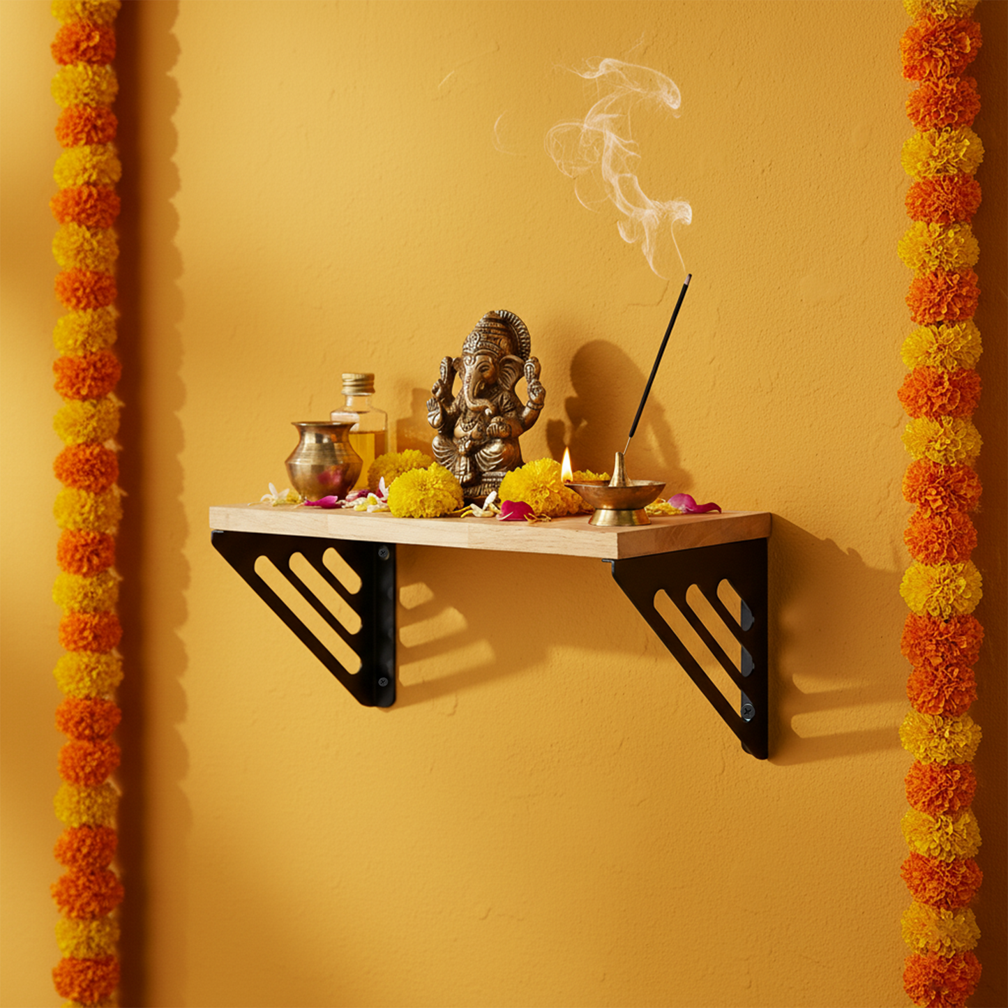 Wooden Pooja Shelf - Lines Brackets Black (Lakdi Puja Shelf Kala)